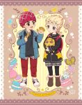  2boys :o aged_down backpack bag beanie black_coat black_hair blonde_hair boots braid bug butterfly candy character_name coat commentary_request food fruit full_body fur_trim gem giorno_giovanna gold_experience green_eyes guido_mista hat heart jacket jojo_no_kimyou_na_bouken long_hair looking_at_another male_child male_focus morino_peko multiple_boys pants red_pants sex_pistols_(stand) shirt shoes smile sneakers strawberry vento_aureo 