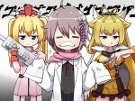  3girls :&gt; =_= ahoge black_shirt blonde_hair blue_eyes bow_hairband cape coat cow_horns doctor dress fake_facial_hair fake_horns fake_mustache fingerless_gloves gloves goou_yoshimitsu grey_hair hair_flaps hairband half-closed_eyes hat holding holding_syringe horns housou_masamune large_syringe long_hair low_ponytail menacing_(jojo) midare_toushirou_(tenka_hyakken) multiple_girls nurse nurse_cap orange-bird oversized_object pink_dress popped_collar potion scarf shirt short_hair sleeves_past_fingers sleeves_past_wrists sparkle syringe tenka_hyakken tongue tongue_out twintails white_cape white_coat yellow_dress yellow_eyes 