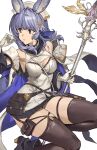  animal_ears blue_hair boots breasts cleavage coat dress earclip erune gloves granblue_fantasy hashibiro_kou_(garapiko_p) highres holding holding_staff open_clothes open_coat pouch purple_eyes short_dress staff thigh_strap thighhighs thighs tikoh white_coat white_gloves 