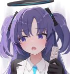  1girl :o black_gloves blazer blue_archive blue_necktie blush collared_shirt commentary_request eyes_visible_through_hair gloves hair_between_eyes halo highres holding_pill in_heat jacket long_hair long_sleeves looking_away necktie open_mouth parted_bangs pill portrait purple_eyes purple_hair school_uniform shirt sidelocks simple_background solo sweat sweating_profusely takku_(t_oekakidaisuki) tongue tongue_out triangle_hair_ornament two_side_up white_background yuuka_(blue_archive) 