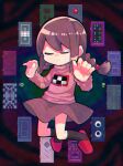  1girl black_socks braid brown_hair chromatic_aberration closed_eyes copyright_name door full_body jaggy_lines kneehighs kotama_(ozu) long_hair long_sleeves madotsuki midair no_mouth no_nose pink_sweater purple_skirt red_footwear skirt slippers socks solo sweater twin_braids u_u yume_nikki 