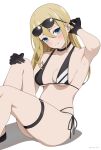  1girl adjusting_hair armpits bikini black_bikini black_choker black_footwear black_gloves blonde_hair blue_archive blue_eyes blush breasts choker closed_mouth coro_fae cosplay dot_nose eyewear_on_head feet_out_of_frame gloves hair_between_eyes hand_on_own_knee hayasaka_ai head_tilt highres iori_(blue_archive) iori_(blue_archive)_(cosplay) iori_(swimsuit)_(blue_archive) kaguya-sama_wa_kokurasetai_~tensai-tachi_no_renai_zunousen~ knee_up long_hair looking_at_viewer medium_breasts multi-strapped_bikini paid_reward_available sandals shadow side-tie_bikini_bottom simple_background sitting smile solo split sunglasses swimsuit thigh_strap thighs twitter_username white_background 