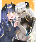  2girls :/ :d absurdres arbiter_strength_viii_(azur_lane) azur_lane black_shorts black_sweater blue_hair blunt_bangs blush breasts chain closed_mouth commission covered_navel dark-skinned_female dark_skin dated enforcer_viii_determination_(azur_lane) fingernails grey_hair hair_between_eyes highres holding_hands horns large_breasts long_hair long_sleeves looking_at_viewer midriff multiple_girls navel one_eye_closed open_mouth scar scar_on_stomach second-party_source shorts signature siren_(azur_lane) smile striped striped_sweater sweater toszuca yellow_eyes 