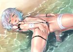  1girl ass bandaged_arm bandages beach bikini blush breasts day fate/apocrypha fate_(series) green_eyes grey_hair highres jack_the_ripper_(fate/apocrypha) looking_at_viewer navel open_mouth orochi_itto outdoors revision scar scar_across_eye scar_on_cheek scar_on_face short_hair shoulder_tattoo small_breasts smile solo spread_legs swimsuit tattoo thigh_strap water wet 