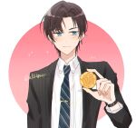  1boy artem_wing_(tears_of_themis) black_hair black_jacket black_necktie blue_eyes blush_stickers closed_mouth collared_shirt diagonal-striped_necktie food hand_up highres holding holding_food jacket long_sleeves looking_at_viewer male_focus mtkignsn necktie open_clothes open_jacket pink_background pinstripe_pattern shirt smile solo striped tears_of_themis tie_clip two-tone_background upper_body white_background white_shirt 