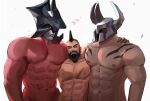  3boys aatrox abs bara beard black_hair chest_tattoo colored_skin completely_nude cowboy_shot demon_boy earrings facial_hair fake_horns falling_petals glowing glowing_eyes hand_on_another&#039;s_shoulder height_difference helmet highres horned_helmet horns interspecies jewelry large_pectorals league_of_legends long_beard looking_at_pectorals male_focus mature_male mohawk monster_boy mordekaiser multiple_boys muscular muscular_male mustache navel navel_hair nipples nude pantheon_(league_of_legends) pectorals petals red_skin scar scar_on_chest seductive_smile short_hair smile sociopotato1 stomach tattoo tied_beard upper_body white_background yaoi 