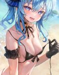  1girl absurdres bare_shoulders bikini black_bikini black_choker black_gloves blue_eyes blue_hair blue_ribbon blush breasts choker collarbone commentary_request ebihurai front-tie_bikini_top front-tie_top gloves hair_between_eyes highres hololive hoshimachi_suisei looking_at_viewer medium_hair navel open_mouth ribbon side_ponytail small_breasts star_(symbol) star_in_eye swimsuit symbol_in_eye virtual_youtuber wet 
