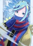  1boy aqua_eyes blue_mittens blue_scarf cloud commentary_request day dusk_poke27 eyelashes green_hair grusha_(pokemon) hand_up highres jacket long_sleeves male_focus outdoors pokemon pokemon_(game) pokemon_sv scarf scarf_over_mouth signature sky solo striped striped_scarf upper_body yellow_jacket 