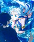  1boy 1girl absurdres air_bubble aquarium armlet bare_shoulders blue_eyes blue_hair blue_theme breasts bubble cleavage commentary floating_hair highres jewelry looking_at_another mermaid monster_girl nekoyama_iori original parted_lips ring short_hair symbol-only_commentary water 
