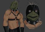  1boy abs bdsm bondage_outfit caiman_(dorohedoro) collar colored_skin cosplay dorohedoro gachimuchi green_skin grey_background highres leather leather_pants leatherclub_scene_(meme) lizardman looking_at_viewer male_focus meme muscular muscular_male nipples pants pectorals scribbora spiked_collar spikes van_darkholme van_darkholme_(cosplay) 