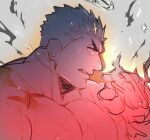  1boy bara black_hair bodysuit facial_hair fighting_stance fire flaming_halo from_side halo large_pectorals male_focus mature_male muscular muscular_male pectorals po_fu pyrokinesis red_theme serious short_hair solo spot_color stubble tokyo_afterschool_summoners upper_body zabaniyya_(housamo) 