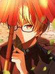  1boy bespectacled_third_eye closed_mouth commentary gakuran glasses hand_up highres holding holding_leaf ichigo_ichie_na_hyakki_yagyou!?_(project_sekai) leaf looking_at_viewer male_focus official_alternate_costume official_alternate_hairstyle one_eye_covered orange_eyes orange_hair project_sekai red_umbrella school_uniform short_hair solo teeth teneko02 tenma_tsukasa torn_umbrella umbrella upper_teeth_only 