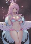  1girl artfairy bikini bikini_skirt blue_archive blush breasts brown_eyes cleavage collarbone feathered_wings halo highres long_hair looking_at_viewer medium_breasts mika_(blue_archive) navel open_mouth pink_hair ponytail smile solo swimsuit wings 