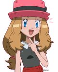  1girl :d blonde_hair blue_eyes collared_shirt commentary eyelashes grey_shirt hand_up happy hat highres jiffy0v0 long_hair nail_polish notice_lines open_mouth pink_headwear pink_nails pokemon pokemon_(anime) pokemon_xy_(anime) red_skirt serena_(pokemon) shirt simple_background skirt sleeveless sleeveless_shirt smile solo tongue v white_background 