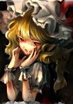  1girl blonde_hair blood blood_on_face fingernails flandre_scarlet hat highres long_fingernails long_hair looking_at_viewer mob_cap muha_kakka nail_polish one_side_up open_mouth red_eyes red_nails red_vest sharp_fingernails shirt short_sleeves solo touhou upper_body vest white_headwear white_shirt wrist_cuffs 