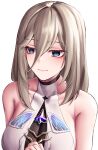  1girl absurdres aponia_(honkai_impact) bare_shoulders blue_eyes blush breasts brown_hair cleavage collarbone commentary_request covered_collarbone hair_between_eyes hand_up highres honkai_(series) honkai_impact_3rd large_breasts long_hair mole mole_under_eye pyeong-il_pyeongil see-through see-through_cleavage shirt simple_background sleeveless sleeveless_shirt solo upper_body white_background white_shirt 