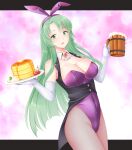  1girl alternate_costume animal_ears bare_shoulders blush breasts cecilia_(fire_emblem) cleavage cowboy_shot detached_collar elbow_gloves fake_animal_ears fire_emblem fire_emblem:_the_binding_blade gloves green_eyes green_hair ham_pon highres large_breasts leotard long_hair looking_at_viewer open_mouth pantyhose pink_background playboy_bunny purple_leotard rabbit_ears smile solo star_(symbol) strapless strapless_leotard very_long_hair waitress white_gloves 