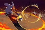  abstract_background arms_up bandaged_hand bandages bisharp blaziken closed_mouth colored_sclera dust_cloud dynamic_pose fighting_stance fire flying_kick kicking looking_at_another outdoors outline pokemon pokemon_battle pyrokinesis ruby_feather shockwave yellow_outline yellow_sclera 