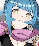  1girl blue_hair breasts cleavage closed_mouth earrings fire_emblem fire_emblem_heroes high_ponytail highres jewelry looking_at_viewer portrait raised_eyebrows reginn_(fire_emblem) smile solo tavi_(hosheezus) yellow_eyes 