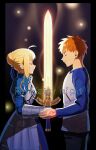  1boy 1girl ahoge armor armored_skirt artoria_pendragon_(fate) black_border blue_ribbon border braid closed_eyes command_spell emiya_shirou fate/stay_night fate_(series) glowing glowing_sword glowing_weapon hair_ribbon hal_(haaaalhal) highres holding holding_sword holding_weapon juliet_sleeves long_sleeves orange_hair puffy_sleeves raglan_sleeves ribbon saber sword weapon 