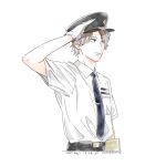  1boy absurdres artist_name belt black_belt black_pants blue_necktie brown_hair closed_mouth collared_shirt commentary_request cool_doji_danshi dated gloves hat highres holding male_focus mima_takayuki nata_kokone necktie pants police_hat salute shirt short_hair short_sleeves simple_background solo tie_clip upper_body white_background white_gloves white_shirt 