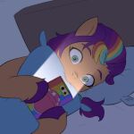  bed bite cellphone earth_pony equid equine furniture green_eyes hair hasbro hi_res hooves horse mammal marenlicious meme mlp_g5 multicolored_hair my_little_pony on_bed phone pillow pillow_bite pony purple_hair rainbow_hair smartphone sunny_starscout_(mlp) 