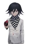  1boy black_hair buttons checkered_clothes checkered_scarf closed_mouth cowboy_shot danganronpa_(series) danganronpa_v3:_killing_harmony double-breasted grey_jacket grey_pants gun handgun highres holding holding_gun holding_weapon jacket lolowv long_sleeves multicolored_hair ouma_kokichi pants purple_eyes purple_hair scarf simple_background smile solo two-tone_hair weapon white_background 