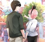 1boy 1girl absurdres animal_ears antenna_hair black_hair black_hairband blue_eyes blurry blurry_background blush breasts commentary_request commission couple cowboy_shot disneyland earrings fake_animal_ears from_behind go-toubun_no_hanayome green_shirt hair_between_eyes hairband hand_up hetero highres holding_hands jewelry large_breasts long_sleeves looking_afar looking_at_another mame1645 mouse_ears nakano_ichika open_mouth orange_eyes parted_lips photo_background pink_hair pointing pointing_forward profile shirt short_hair skeb_commission smile standing straight_hair uesugi_fuutarou watch white_shirt wristwatch 