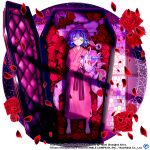  1girl alternate_costume barefoot bat_wings closed_eyes coffin commentary copyright_name english_commentary facing_viewer flower full_body game_cg hat japanese_clothes kimono looking_at_viewer lying nightcap on_back pink_headwear pink_kimono purple_hair red_flower red_rose remilia_scarlet remilia_scarlet_(luxury_stay_in_a_private_room) rose rotte_(1109) short_hair sleeping solo stuffed_unicorn third-party_source touhou touhou_lost_word wings yukata 