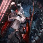  1girl abyssal_ship black_headwear black_shorts breast_pocket breasts claws colored_skin dress electric_guitar flight_deck grey_hair guitar hair_over_one_eye highres horns instrument kajaneko kantai_collection long_hair looking_at_viewer medium_breasts pocket red_eyes remodeled_wartime_cargo_princess shorts solo white_dress white_skin 