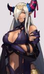  1girl arms_under_breasts asymmetrical_horns bare_shoulders breasts cleavage commentary_request cowboy_shot crossed_arms fire_emblem fire_emblem_engage grey_background grey_horns hair_ornament hair_over_one_eye highres horns large_breasts long_hair mature_female pointy_ears purple_eyes purple_ribbon revealing_clothes ribbon seinikuten solo tan tassel tassel_hair_ornament uneven_horns zephia_(fire_emblem) 