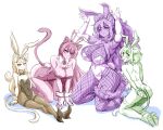  4girls :3 animal_ears arms_up ascot bare_arms bare_legs bare_shoulders blush bow bowtie breasts brooch cat_ears cat_girl cat_tail commentary covered_navel detached_collar elbow_gloves english_commentary fake_animal_ears fishnets gloves hairband high_heels huge_breasts jewelry kneeling large_breasts leotard long_hair looking_at_viewer mazume multiple_girls multiple_monochrome original pantyhose rabbit_ears rabbit_tail shoes short_hair simple_background sitting sketch small_breasts smile strapless strapless_leotard tail thighband_pantyhose thighhighs very_long_hair white_background wrist_cuffs 