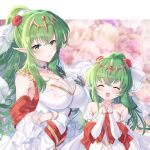  2girls :d awayuki_ramika bare_shoulders breasts bridal_veil cleavage closed_eyes dress dual_persona feather-trimmed_dress fire_emblem fire_emblem:_mystery_of_the_emblem fire_emblem_awakening flower green_eyes green_hair hair_ornament highres huge_breasts long_hair looking_at_viewer multiple_girls official_alternate_costume open_mouth own_hands_together pointy_ears ponytail rose smile tiara tiki_(adult)_(bridal)_(fire_emblem) tiki_(adult)_(fire_emblem) tiki_(fire_emblem) tiki_(young)_(bridal)_(fire_emblem) tiki_(young)_(fire_emblem) upper_body veil wedding_dress white_dress 