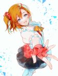  1girl :d asymmetrical_bangs blue_eyes blush bokura_wa_ima_no_naka_de bow brown_hair feet_out_of_frame fingerless_gloves from_side gloves hair_between_eyes hair_ornament hair_scrunchie head_tilt highres kousaka_honoka love_live! love_live!_school_idol_project medium_hair naarann one_side_up open_mouth orange_hair outstretched_arm outstretched_hand red_gloves red_scrunchie scrunchie shirt side_ponytail skirt smile solo standing white_shirt 