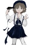  1girl beret black_headwear black_ribbon black_skirt brown_eyes brown_hair collared_shirt commentary fang grey_shirt gun gun_to_head half-closed_eyes handgun hands_up hat hatoba_tsugu highres holding holding_gun holding_weapon imminent_suicide long_sleeves looking_at_viewer messy_hair mole mole_under_eye neck_ribbon open_hand open_mouth pantyhose ribbon ribbon_removed rokka_seira shirt shirt_tucked_in simple_background skirt smile solo standing straight-on suspender_skirt suspenders tsugu_(vtuber) weapon white_background white_pantyhose white_shirt 