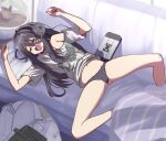  ass_visible_through_thighs bags_under_eyes bandaid bandaid_on_knee bandaid_on_leg black_hair black_nails black_panties closed_eyes drooling exia_(nikke) game_controller_print goddess_of_victory:_nikke hair_between_eyes headphones headset long_hair navel off_shoulder panties shirt sidelocks syope underwear white_shirt 