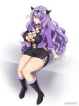  1girl black_footwear breasts camilla_(fire_emblem) canadiananiguy cleavage dress fake_horns fire_emblem fire_emblem_fates hair_over_one_eye hand_on_own_chest heart high_heels highres horns jacket large_breasts long_hair looking_at_viewer purple_eyes purple_hair purple_jacket sitting solo stole taut_clothes taut_dress thick_thighs thighs tiara wavy_hair 