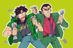  2boys band_shirt banknote belt black_belt black_hair black_shirt clenched_teeth collared_shirt commentary_request cowboy_shot gin_to_kin green_background green_jacket green_pants green_shirt grey_necktie holding holding_money holding_newspaper inudori itou_kaiji jacket kaiji long_hair long_sleeves low_ponytail male_focus medium_bangs merchandise money morita_tetsuo multiple_boys necktie newspaper open_mouth outline pants parted_bangs pinstripe_pattern pinstripe_suit plaid plaid_shirt red_shirt rolled_up_newspaper scar scar_on_cheek scar_on_face scar_on_hand shirt shirt_tucked_in short_hair short_sleeves striped striped_jacket striped_pants suit sweat teeth the_high-lows upper_teeth_only v-shaped_eyebrows vertical-striped_jacket vertical-striped_pants vertical_stripes wavy_eyes white_outline 