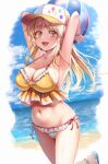 1girl absurdres armpits arms_behind_head arms_up ball bang_dream! baseball_cap beach beachball bikini blonde_hair blue_sky blush breasts cleavage cloud commentary_request cowboy_shot earrings frilled_bikini frills hat heart heart_earrings highres holding holding_ball jewelry kamita large_breasts long_hair looking_at_viewer mismatched_bikini navel ocean open_mouth outdoors sky smile solo sparkle standing standing_on_one_leg swimsuit tareme tsurumaki_kokoro wet wristband yellow_bikini yellow_eyes yellow_headwear 