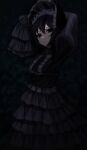  1girl absurdres arms_behind_head arms_up black_background black_dress black_eyes black_hair black_headwear bob_cut bonnet breasts closed_mouth commentary dark dress empty_eyes expressionless eyelashes feet_out_of_frame frilled_bonnet frilled_dress frills gothic_lolita hair_between_eyes highres lolita_fashion looking_at_viewer monogatari_(series) oshino_ougi pale_skin short_hair sleeves_past_fingers sleeves_past_wrists small_breasts solo standing very_long_sleeves yamada_maya_(yamdmay) 
