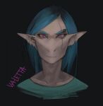  2018 akrolayn ambiguous_species anthro black_background blue_eyebrows blue_hair bust_portrait character_name clothing digital_media_(artwork) digital_painting_(artwork) eye_scar eyebrow_piercing eyebrows facial_piercing facial_scar female front_view green_clothing green_shirt green_t-shirt green_topwear hair hi_res piercing pink_eyes portrait scar shaded shirt simple_background solo t-shirt tan_body tan_skin topwear 