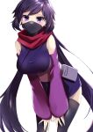 1girl absurdres ayame_(gundam_build_divers) black_mask black_thighhighs breasts commentary_request elbow_gloves fingerless_gloves gloves gundam gundam_build_divers highres large_breasts long_hair looking_at_viewer low_ponytail mask mouth_mask ninja ninja_mask purple_eyes purple_hair red_scarf scarf sidelocks solo split_ponytail thighhighs tomoka_notsu upper_body very_long_hair white_background 
