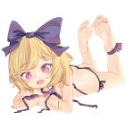  1girl ankle_ribbon ass barefoot bikini black_bikini black_bow blonde_hair blush bow chaosexceed collar commission elly_(tonari_no_kyuuketsuki-san) english_commentary feet full_body hair_bow heart_collar leg_ribbon looking_at_viewer lying mixed-language_commentary on_stomach open_mouth pixiv_commission purple_eyes ribbon short_hair side-tie_bikini_bottom simple_background smile soles solo swimsuit the_pose toes tonari_no_kyuuketsuki-san untied_bikini white_background 