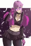  1girl black_bra black_choker blue_eyes bra breasts choker cleavage feather_boa feathers frills gloves guitarist_yui highres hime_cut looking_over_eyewear manon_(street_fighter) midriff pink-tinted_eyewear pink_hair sidelocks solo street_fighter street_fighter_6 sunglasses tinted_eyewear underwear 