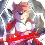  anthro armor canid canine canis cybernetics depictionexpress domestic_dog machine male mammal melee_weapon robotization shiba_inu smile smiling_at_viewer solo solo_focus spitz spread_wings sword weapon wings 
