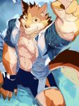  absurd_res anthro barrel_(live_a_hero) bottomwear brown_body brown_fur canid canine canis clothing fingerless_gloves fur gloves grin handwear hi_res kuroninjin22 lifewonders live_a_hero looking_at_viewer male mammal muscular muscular_anthro muscular_male pecs shorts smile solo swimwear wolf 