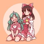  2girls ascot black_hair blush bow closed_eyes closed_mouth collared_shirt detached_sleeves fang frilled_skirt frills green_hair hair_bow hair_tubes hakurei_reimu horns japanese_clothes kariyushi_shirt komano_aunn long_hair multiple_girls nontraditional_miko open_mouth rangycrow red_bow red_shirt red_skirt ribbon-trimmed_sleeves ribbon_trim shirt short_sleeves shorts sidelocks simple_background single_horn skirt smile socks touhou white_shorts white_sleeves white_socks wide_sleeves yellow_ascot 