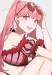  1girl :d bare_shoulders bikini blunt_bangs breasts cleavage commentary eyewear_on_head fire_emblem fire_emblem:_three_houses fire_emblem_heroes grey_background hand_up highres hilda_valentine_goneril knee_up looking_at_viewer medium_breasts off-shoulder_bikini off_shoulder official_alternate_costume open_mouth peach11_01 pink_bikini pink_eyes pink_hair puffy_short_sleeves puffy_sleeves short_sleeves simple_background smile solo stomach sunglasses swimsuit twintails upper_body 