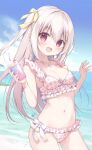  1girl :d bare_arms bare_shoulders bendy_straw bikini blue_sky breasts cleavage cloud collarbone commentary_request cup day drinking_glass drinking_straw frilled_bikini frills grey_hair hair_between_eyes hands_up heart heart_necklace highres holding holding_cup horizon inae_koron jewelry koi_ni_kanmi_o_soete long_hair looking_at_viewer medium_breasts miyasaka_naco navel necklace ocean one_side_up outdoors pink_bikini plaid plaid_bikini red_eyes sky smile solo swimsuit very_long_hair water 