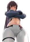  1girl ass_visible_through_thighs black_hair blush breasts closed_mouth crop_top crossed_arms flying_sweatdrops frown gloves goddess_of_victory:_nikke highres id_card large_breasts long_hair marciana_(nikke) navel navel_piercing pants piercing redi_(rasec_asdjh) simple_background solo stomach tight_clothes tight_pants v-shaped_eyebrows white_background white_gloves white_pants yellow_eyes 